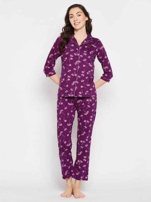 clovia purple cotton printed shirt pyjamas set