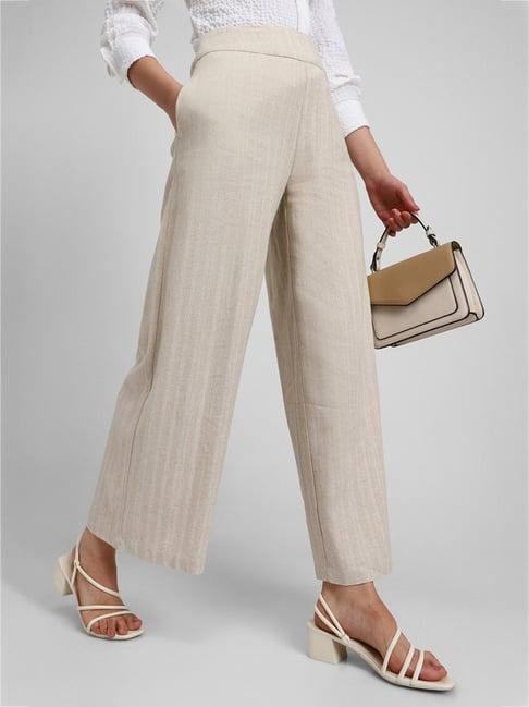 forever 21 beige striped regular fit mid rise pants