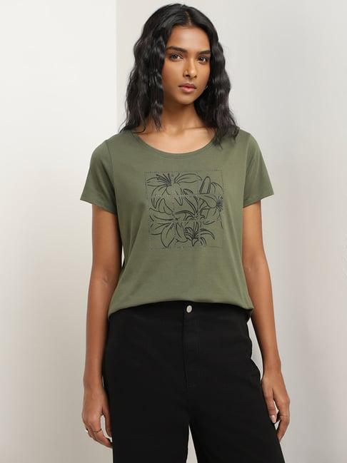 lov by westside olive floral printed cotton t-shirt