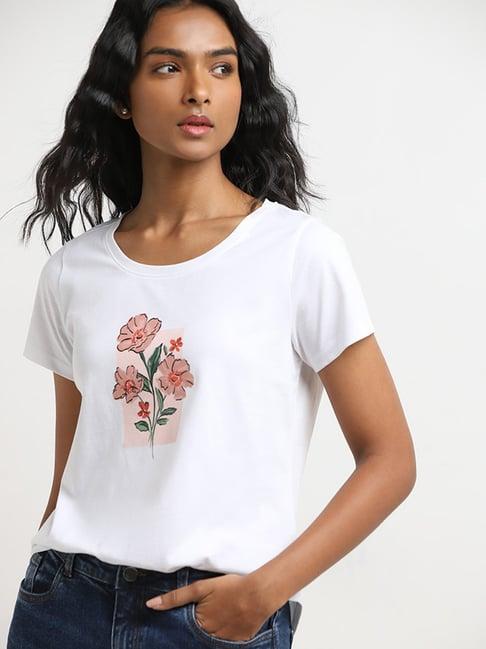 lov by westside white floral printed cotton t-shirt