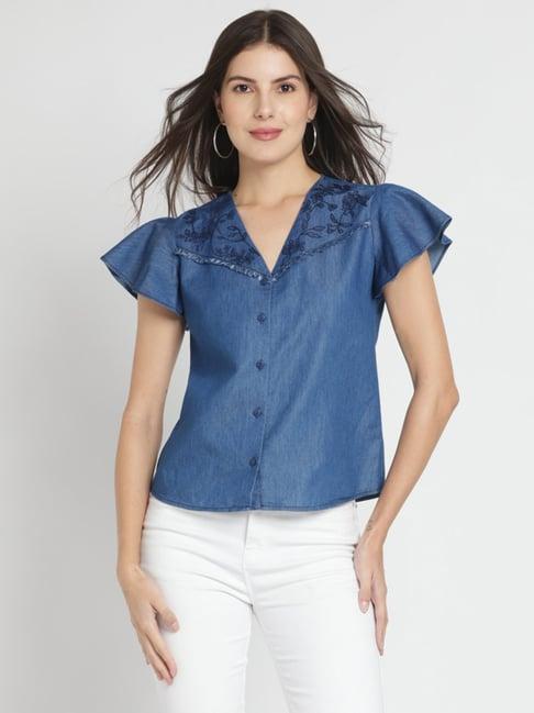 shaye blue denim embroidered top