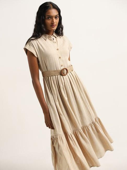 lov by westside light beige tiered blended linen shirt dress with belt