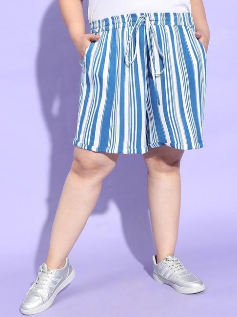 oxolloxo plus size white & blue striped mid rise shorts