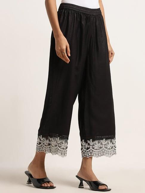 zuba by westside black floral embroidered mid-rise cotton palazzos