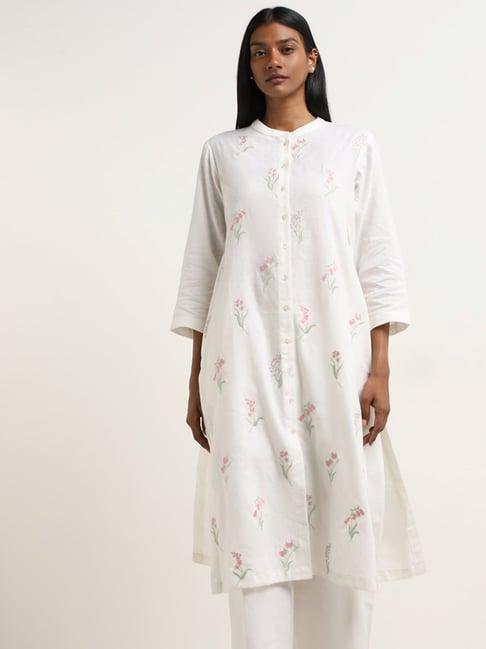 zuba by westside white floral embroidered a-line cotton kurta