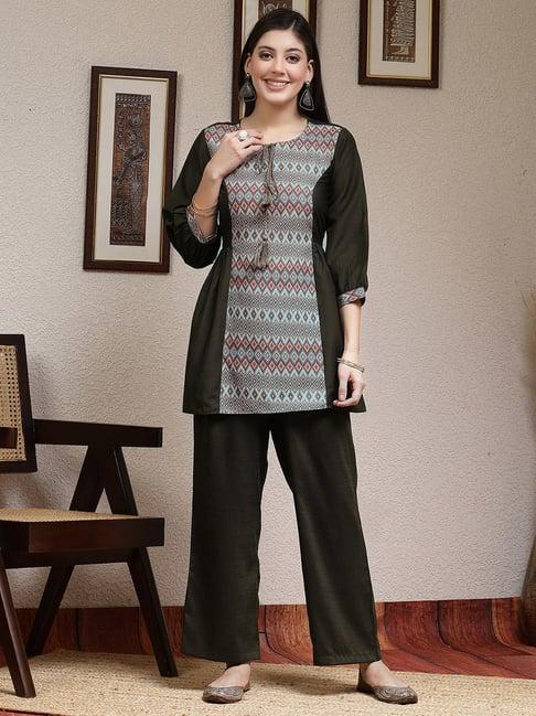 selvia dark olive printed kurti with palazzos