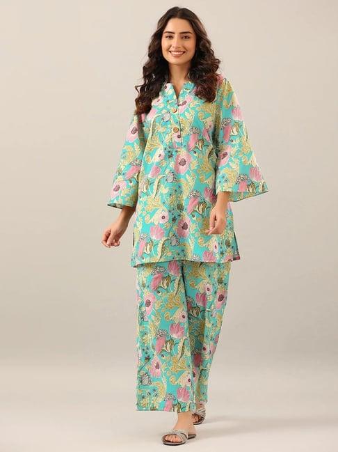 selvia light turquoise & pink floral print kurti with palazzos