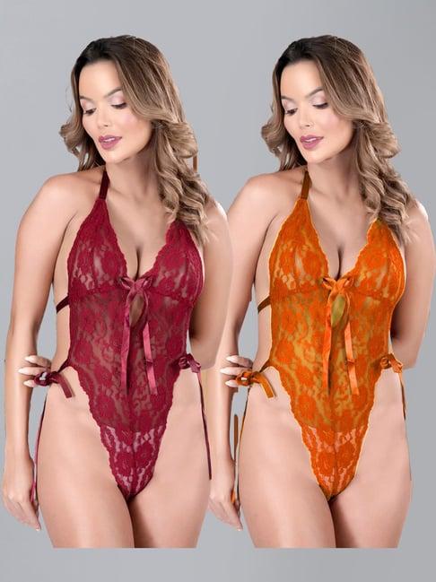 arousy maroon & orange self pattern babydolls - pack of 2