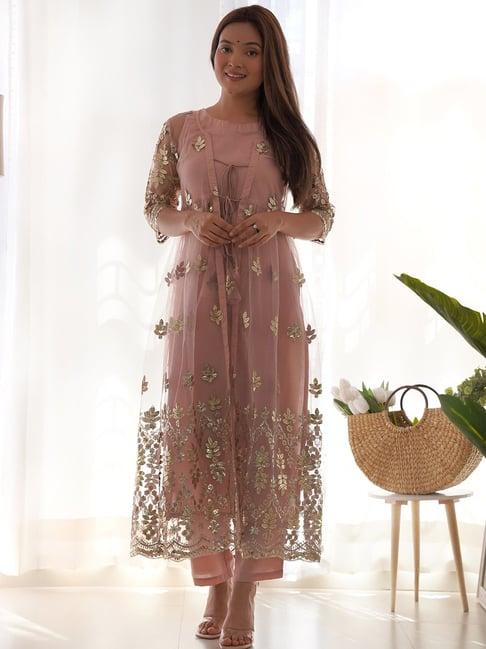 indo era peach embellished kurta pant set