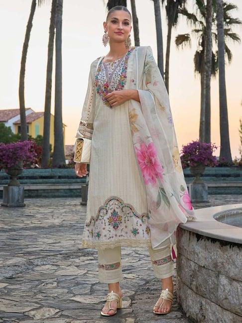 indo era white cotton embroidered kurta pant set with dupatta