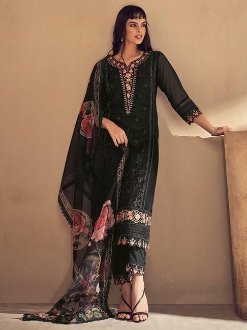 indo era black embroidered kurta pant set with dupatta