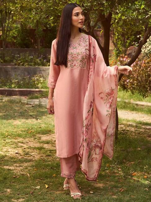 indo era peach embroidered kurta pant set with dupatta