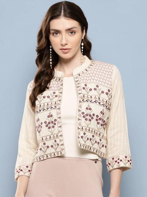 aarika beige cotton embroidered shrug