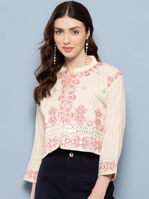 aarika beige cotton embroidered shrug