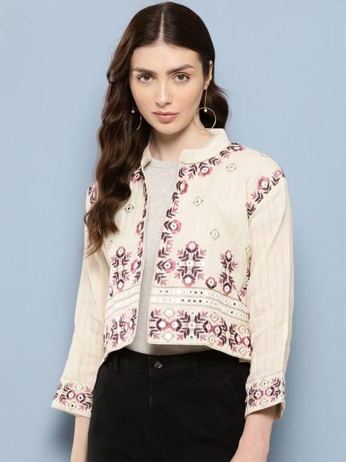 aarika beige cotton embroidered shrug