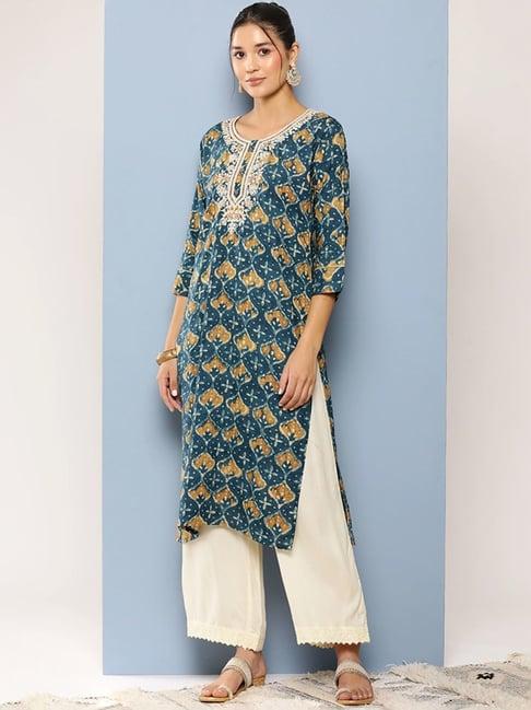 aarika teal blue cotton embroidered straight kurta