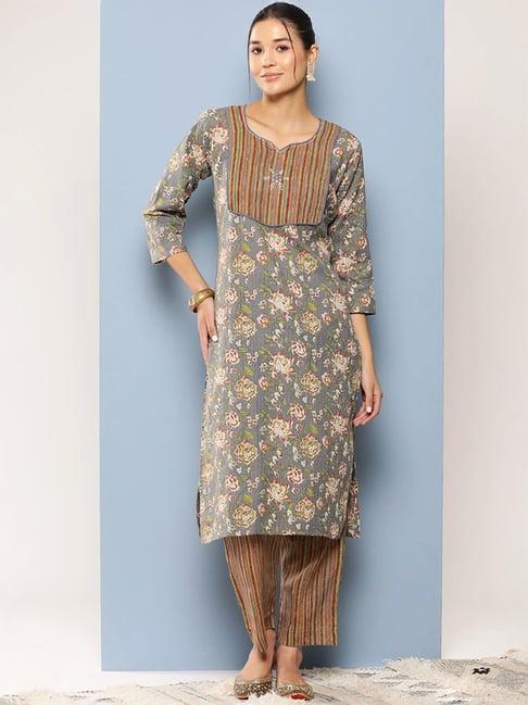 aarika grey cotton floral print kurta pant set