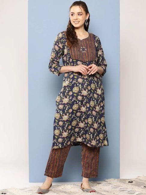 aarika navy cotton floral print kurta pant set