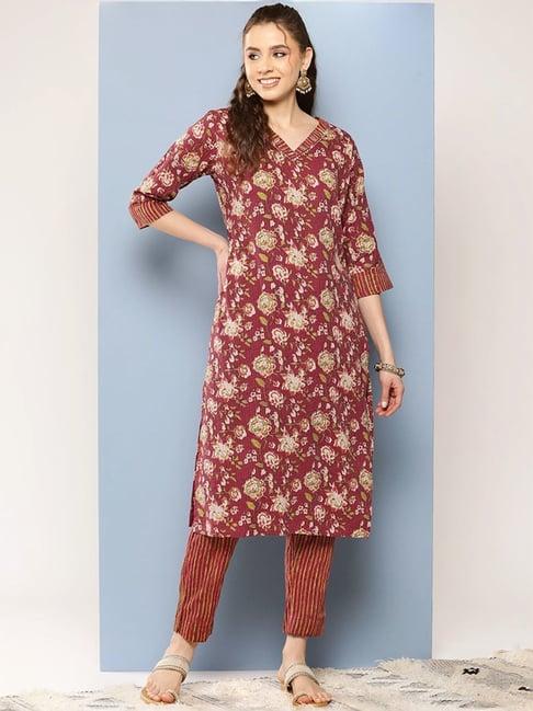 aarika maroon cotton floral print kurta pant set