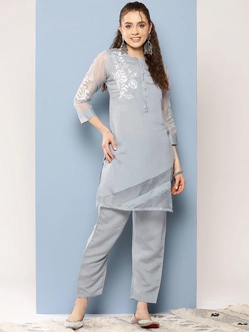 aarika grey embroidered kurti pant set