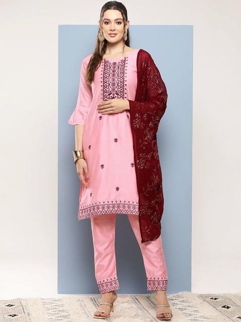 aarika pink embroidered kurta pant set with dupatta