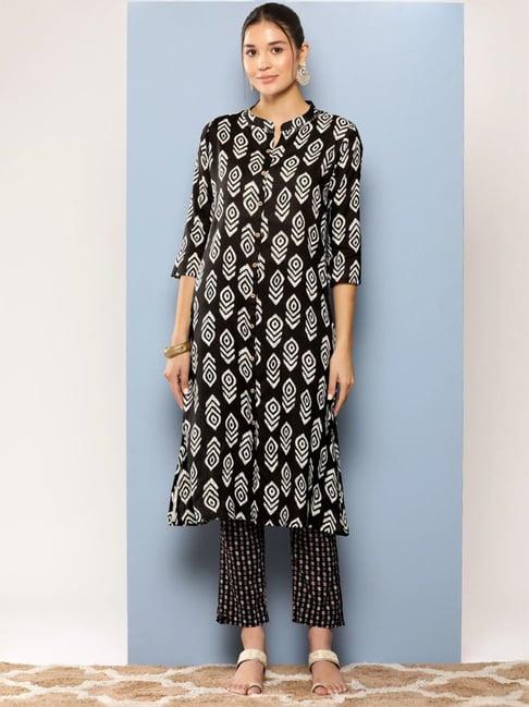 aarika black cotton printed kurta pant set