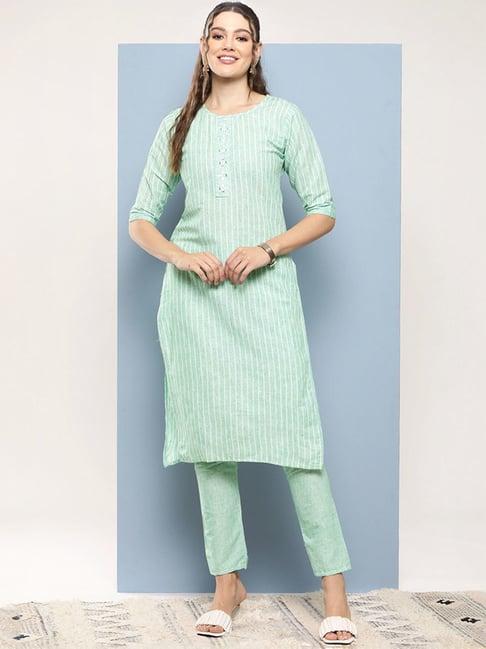 aarika sea green cotton striped kurta pant set