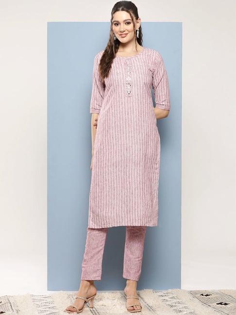 aarika purple cotton striped kurta pant set