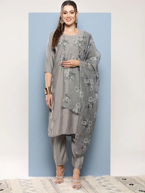 aarika grey floral print kurta pant set with dupatta