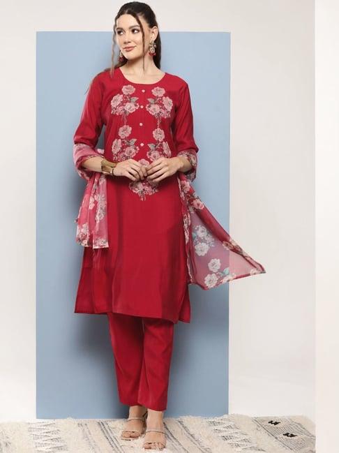 aarika maroon floral print kurta pant set with dupatta