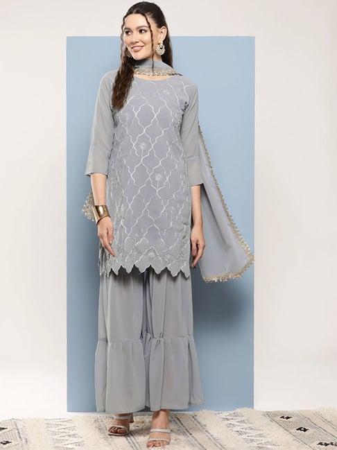 aarika grey embroidered kurti sharara set with dupatta