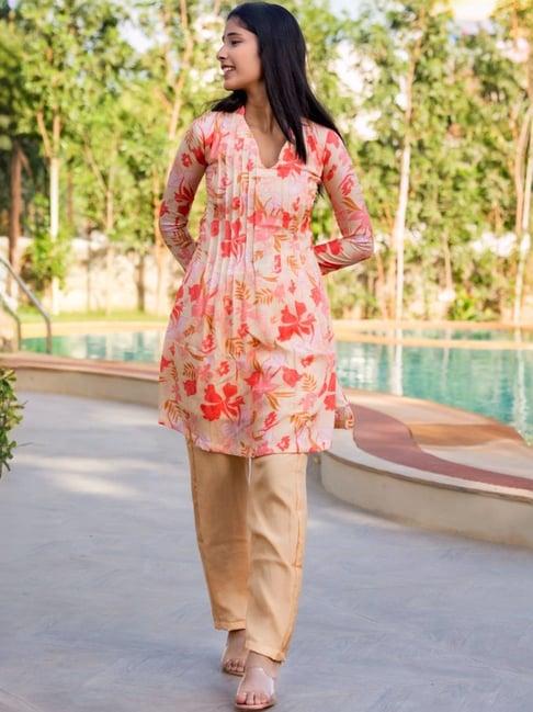 house of jamoti peach & beige printed kurti pant set