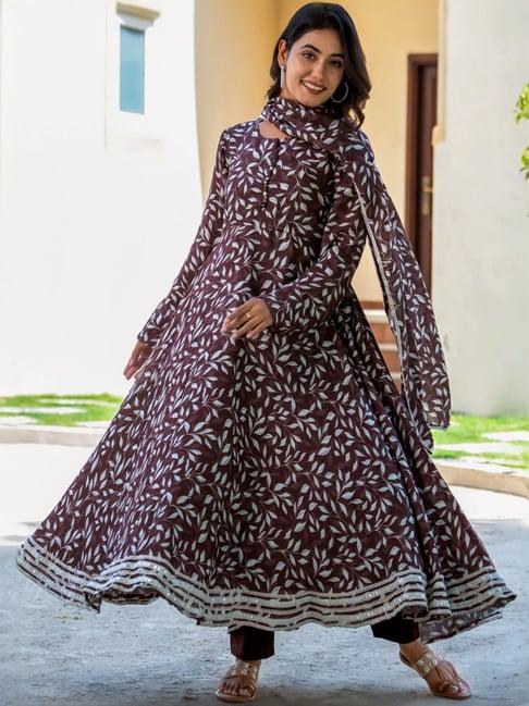 house of jamoti brown printed kurta pant set with dupatta