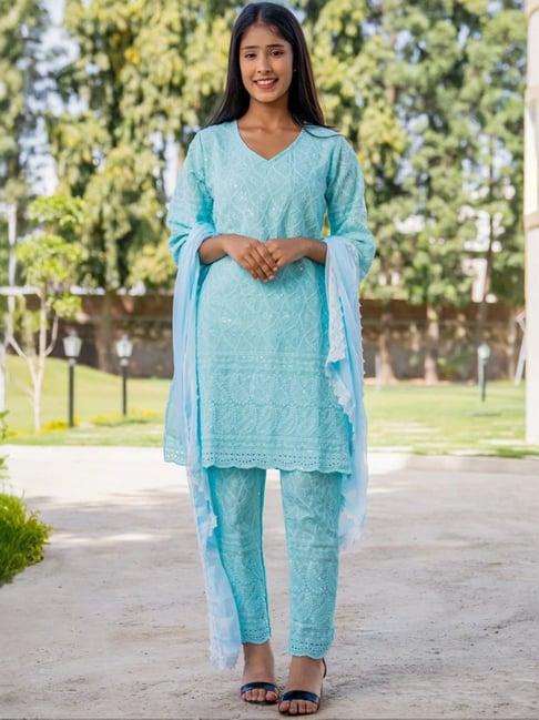 house of jamoti blue cotton embroidered kurta pant set with dupatta