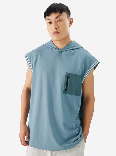 the souled store blue loose fit colour block hooded t-shirt