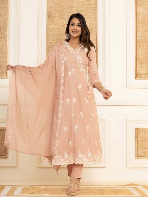 yufta peach cotton embroidered kurta pant set with dupatta