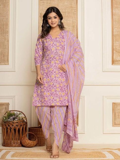 yufta purple cotton printed kurta dhoti pant set with dupatta