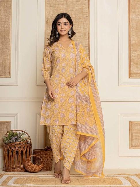 yufta yellow cotton printed kurti dhoti pant set with dupatta