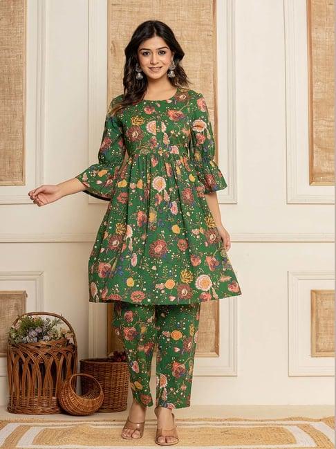 yufta green cotton printed kurti pant set