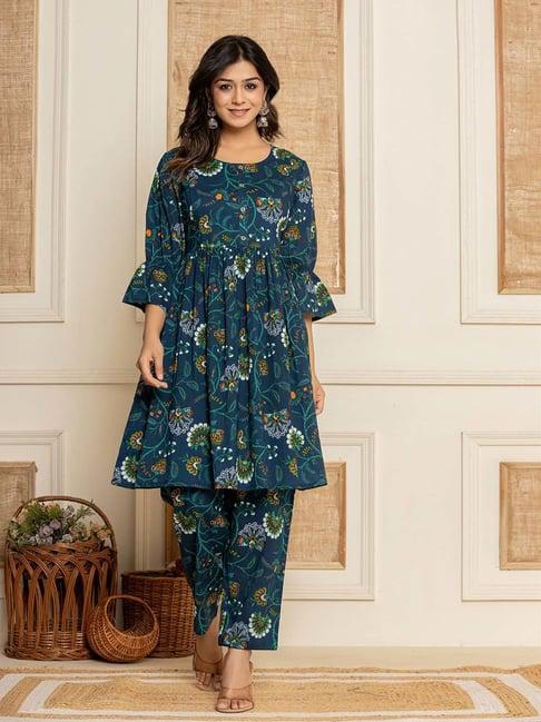 yufta blue cotton printed kurti pant set