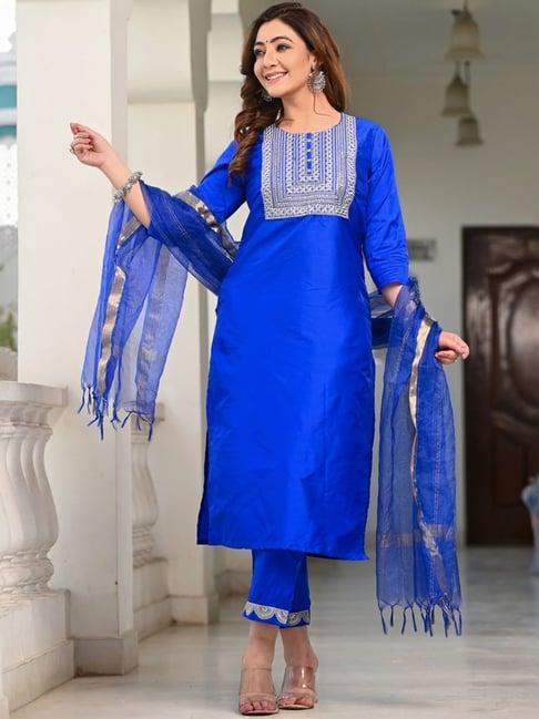 indi inside blue embroidered kurta pant set with dupatta