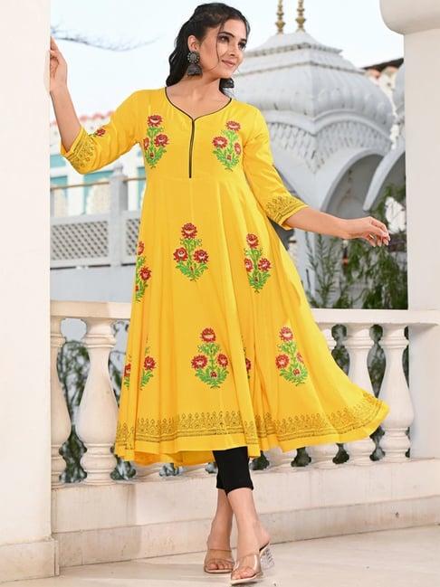 indi inside yellow floral print anarkali kurta