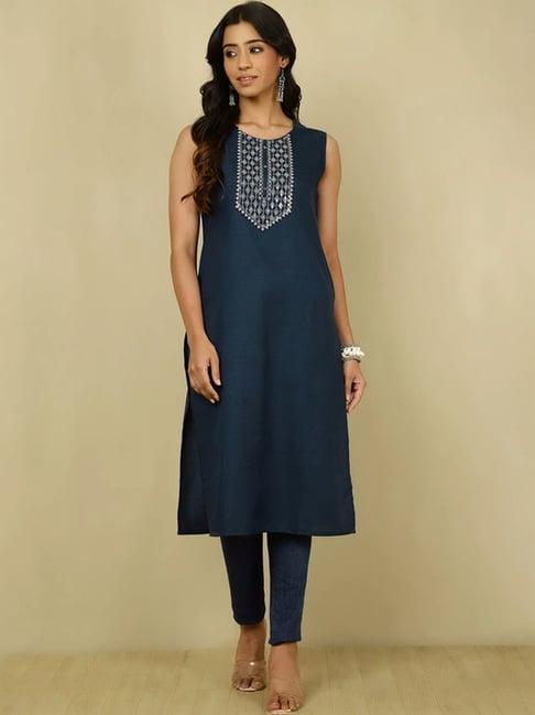 jaipur kurti blue embroidered straight kurta