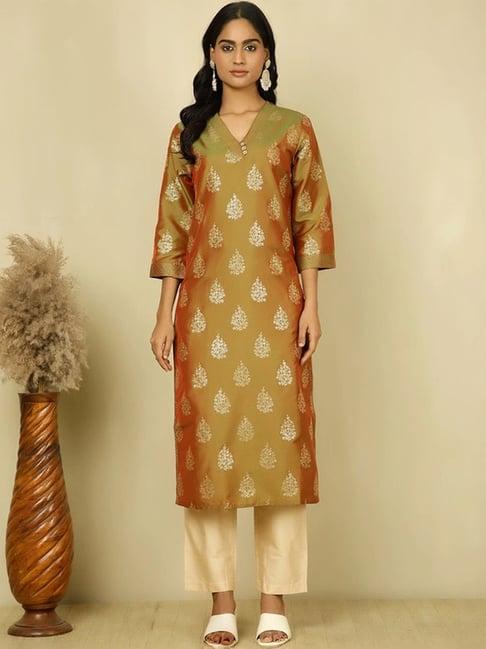 jaipur kurti olive green printed straight kurta