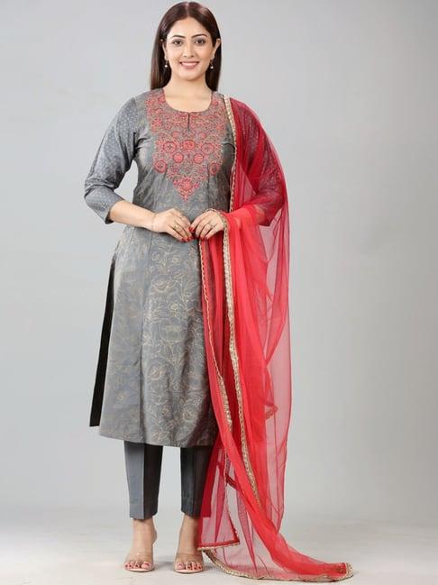 cotton culture grey embroidered kurta pant set with dupatta