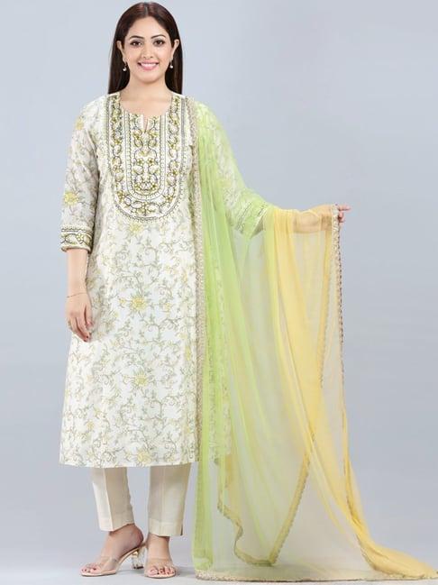 cotton culture off-white embroidered kurta pant set with dupatta