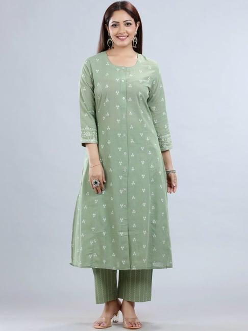 cotton culture pista green cotton embroidered kurta palazzo set