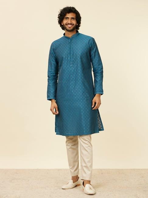 manyavar teal blue & cream embroidered kurta bottom set