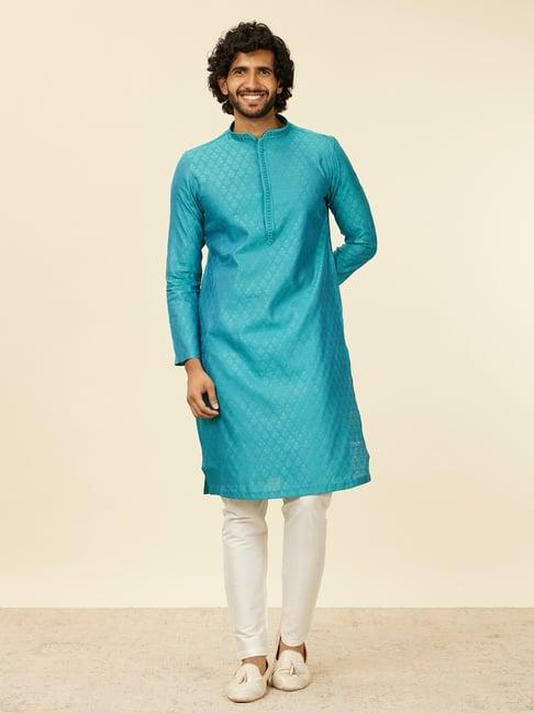 manyavar turquoise blue & cream embroidered kurta bottom set