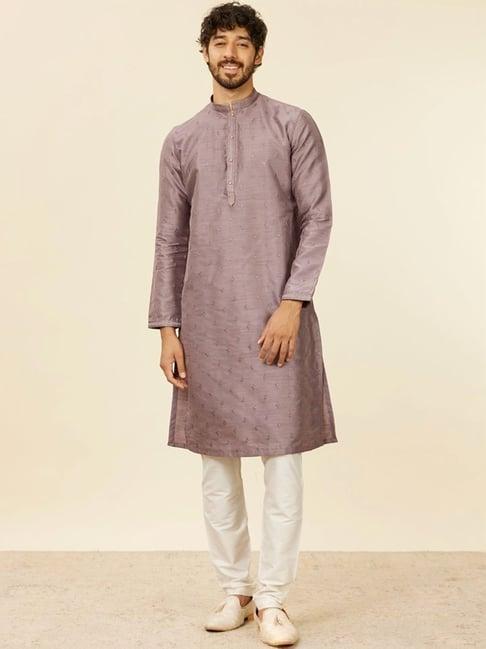 manyavar lilac & cream regular fit embroidered kurta bottom set